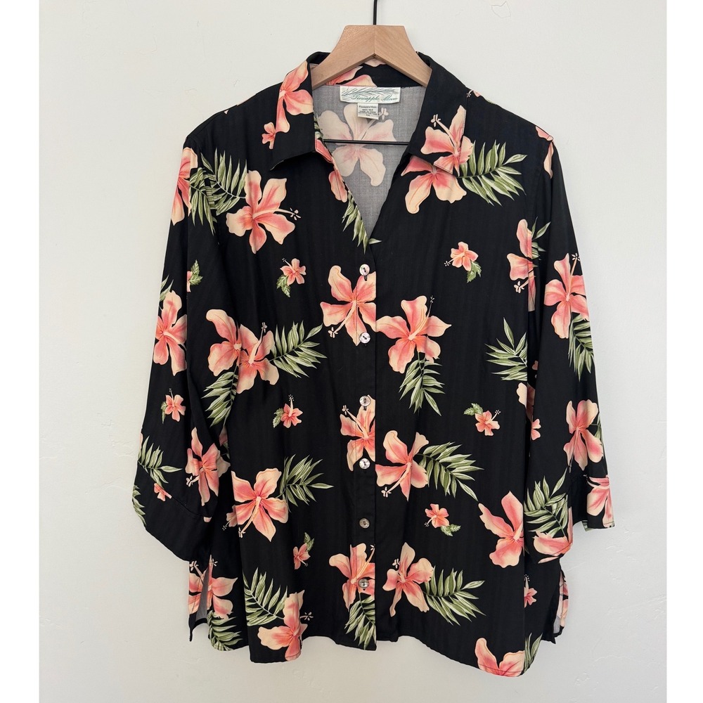 Vintage Pineapple Moon 100% Silk Button Down Top Women's Size 1X Tropical Floral